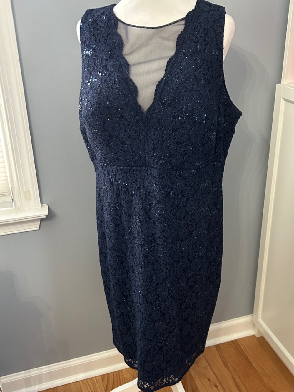 Nightway Navy Blue Sequin Lace Dress Illusion Neckline Plus Size 16W Event Party